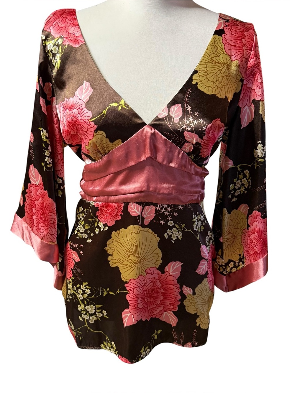 Forever 21 Brown Floral Satin Kimono V-Neck Top women’s sz Large Obi Belt